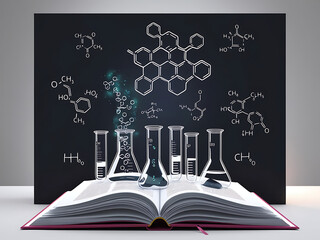 Chemistry Book with Lab Equipment and Molecular Formulas