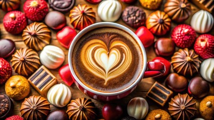 Fototapeta premium A heart-shaped latte art in a coffee cup, embellished with chocolates, captures the essence of Valentine's Day through a delightful tilt-shift perspective. Sweet romance!