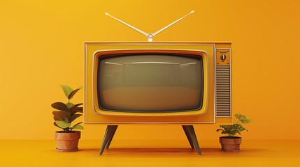 Classic retro vintage tv isolated on vibrant orange background. 3d rendering