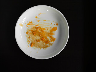 Dirty plate top view background, finished eat dinner in restautant, abstract textuer stain smearing drip sauce bbq jam chilli jelly on ceramic breakfast, concept for clean hyginene product.