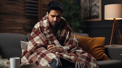 Fototapeta premium A young man sick with fever and flu sits on the living room sofa covered in a blanket.