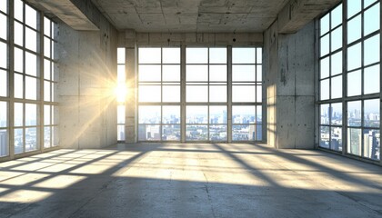 Fototapeta premium A spacious, empty room with large windows allowing sunlight to stream in, showcasing a city skyline.