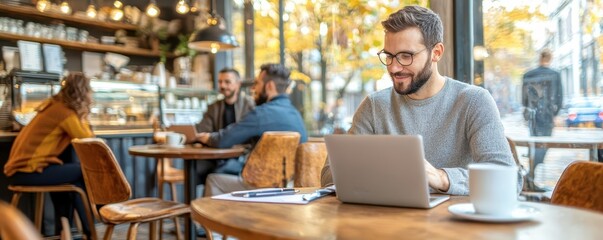 Man working on laptop in a cozy cafe with autumn ambiance.