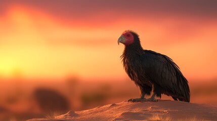 Fototapeta premium Bird perched on a rock during a stunning sunset, vibrant colors in the background.