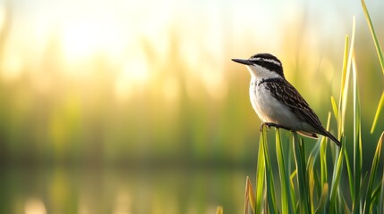 Bird perched on grass by a serene water landscape with soft sunlight in the background.