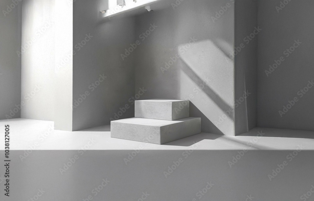 Poster two white rectangular platforms sit in a corner of a room with light coming in through a window, cas