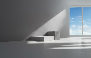 A white platform sits in the center of a minimalist room with a window overlooking a blue sky.
