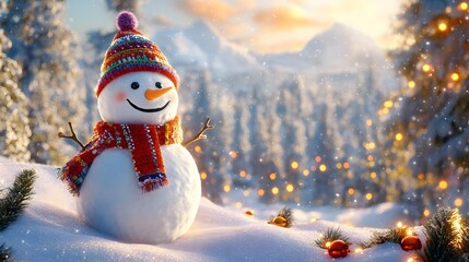 Obraz premium A Smiling Snowman Wearing a Colorful Hat and Scarf in a Snowy Winter Landscape