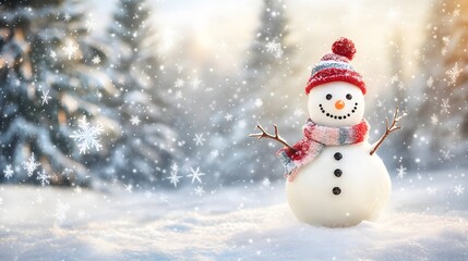 Fototapeta premium A Snowman Standing in a Winter Wonderland with Falling Snowflakes