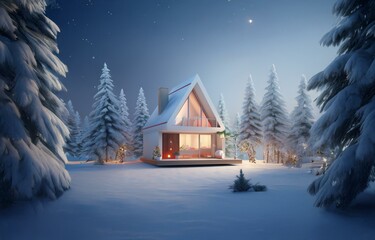 Fototapeta premium A modern cabin with a triangular roof nestled in a snowy forest lit by warm light.