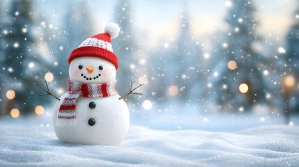 Cheerful Snowman in a Red Hat and Scarf Standing in a Snowy Landscape