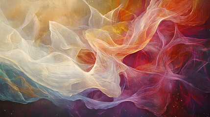 Fototapeta premium Abstract artwork with flowing veils in vibrant colors and ethereal textures.