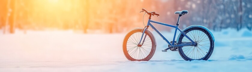 Blue bike parked in the snow, illuminated by a soft winter sun.