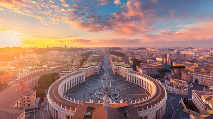 Plakat An aerial view of St. Peter's Square and Basilica in Rome, Italy, during a beautiful sunset.