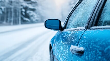Obraz premium Blue car covered in snow, winter road scene.