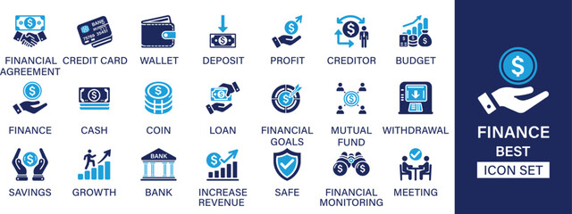 Finance best solid icon set collection. Financial agreement, credit card, wallet, deposit, profit, loan, withdrawal, bank and vector illustration.