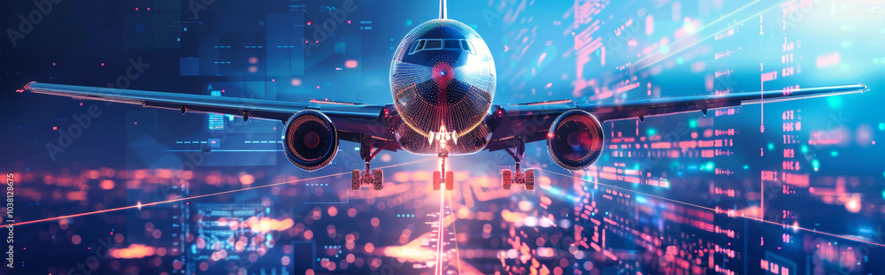 Poster a digital airplane soaring through a data-driven sky showcasing futuristic flight technology and adv