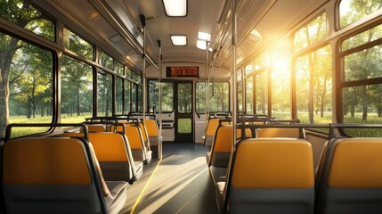 Clean, modern school bus interior with well-organized seats, large windows, and soft lighting for a bright and welcoming atmosphere.