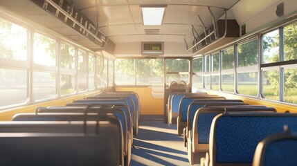 Clean, modern school bus interior with well-organized seats, large windows, and soft lighting for a bright and welcoming atmosphere.