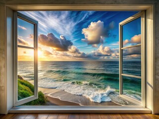 Breathtaking double exposure reveals a tranquil ocean horizon, where calm waves meet dreamy landscapes, blending nature's beauty in serene coastal escape and artistic photography.