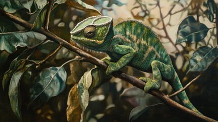 Close-up of a green chameleon blending into its surroundings on a leafy branch.