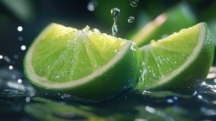 Close-up of a green lime cut into halves, with droplets of juice splashing.