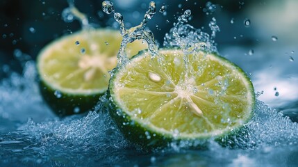 Close-up of a green lime cut into halves, with droplets of juice splashing.