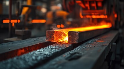 Close-up of a hot metal billet being forged on the production line, glowing red-hot and surrounded by machinery, capturing the essence of industrial craftsmanship