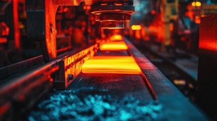 Close-up of a hot metal billet being forged on the production line, glowing red-hot and surrounded by machinery, capturing the essence of industrial craftsmanship