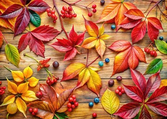 Bright autumn botanical design featuring hand-drawn Virginia creeper leaves, perfect for nature-themed projects, offering a warm, inviting aesthetic for various creative applications.