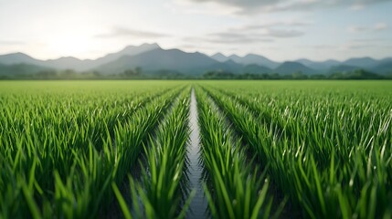 Fototapeta premium Expansive Rice Paddies Stretching into the Distant Mountainous Landscape
