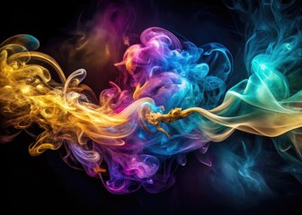 Fototapeta premium Captivating double exposure images blend photorealistic multicolored smoke with sophisticated golden accents, creating striking artistic visuals perfect for imaginative designs and creative projects.