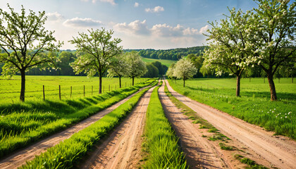 Obraz premium Chemin printanier bordé d'arbres en fleurs