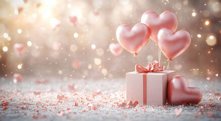 a Valentine's Day background with heart-shaped balloons, a gift box, and confetti on a soft, pastel pink color with a gentle light. A cute, romantic wallpaper for a