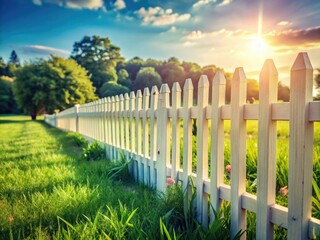 Obraz premium Captivating vintage photograph showcasing a tranquil white fence encircling a vibrant green garden, ideal for nature lovers and those who appreciate charming home decor.