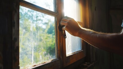 Close-up of a worker scraping lead paint from a wooden window frame, with sunlight streaming through, highlighting the renovation work
