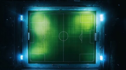 A soccer field under stadium lights, night setting with dramatic shadows, Dramatic style