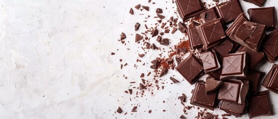 Broken chocolate pieces on a white background. Flat lay composition with copy space for dessert and...