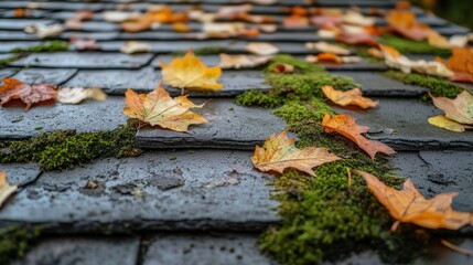 Close-up of moss and fallen leaves on a roof, a natural composition representing the transition of seasons