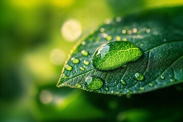 Close-Up of Water Droplets on a Green Leaf