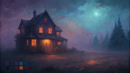 Spooky Haunted House with Glowing Windows on a Foggy Night