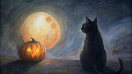 Black Cat and Pumpkin Under a Full Moon on Halloween Night