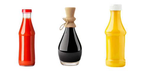 Glass bottle of red ketchup, mustard and soy sauce isolated on white transparent background. Concept of food, condiments, and culinary ingredients