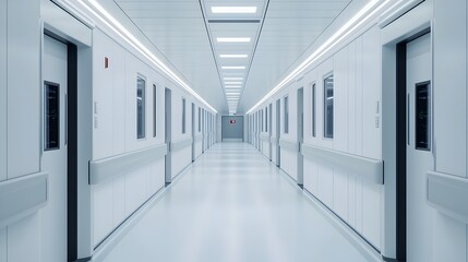 Naklejka premium Futuristic Hospital Hallway with Medical Drones Delivering Supplies