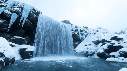 Frozen Waterfall Cascading Over Ice Covered Rocks in a Majestic Landscape