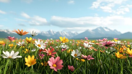 Fototapeta premium Captivating Green Meadow with Swaying Wildflowers in Tranquil Scenery