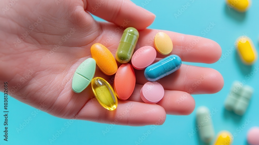 Wall mural A colorful assortment of vitamins and supplements held in a hand against a bright blue background.