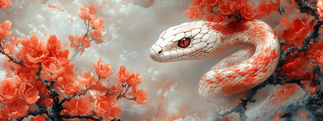 Obraz premium white and red snake on the tree with flowers banner