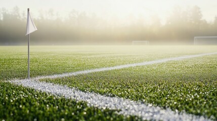 A soccer field with a detailed view of the corner flag and the dew on the grass, outdoor setting with early morning mist, Fresh style