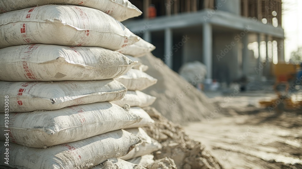 Poster construction site view with white cement bags stacked in a line, partially built structure visible i
